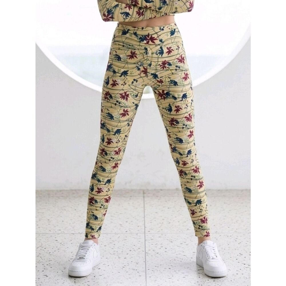 LuLaRoe Floral Leggings Buttery Soft Tan Teal Stretch OS 2-10 Comfy High Waisted